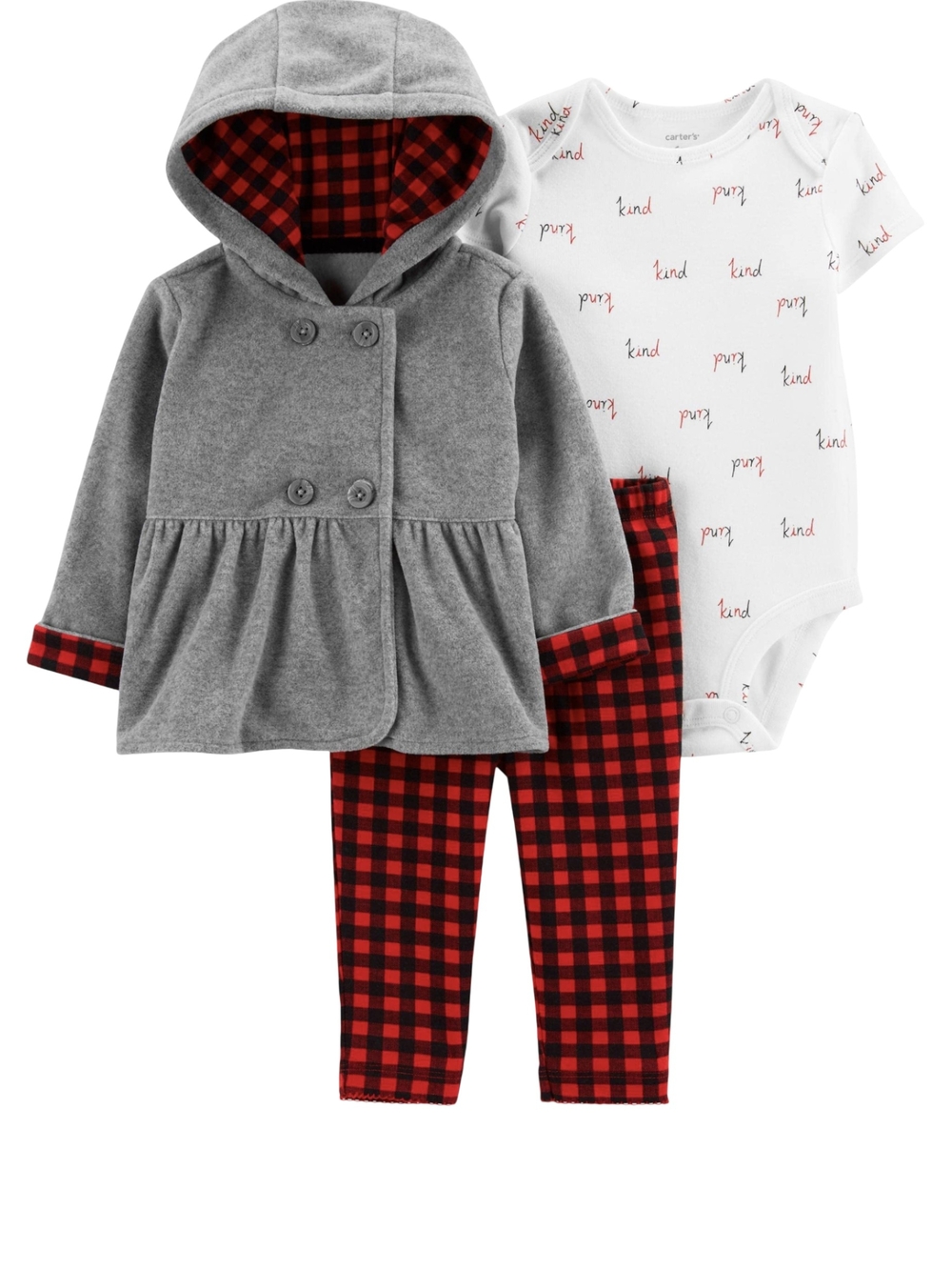 Carter's 3 Piece Size 18 Months Gray and Red Plaid Trim Baby Set